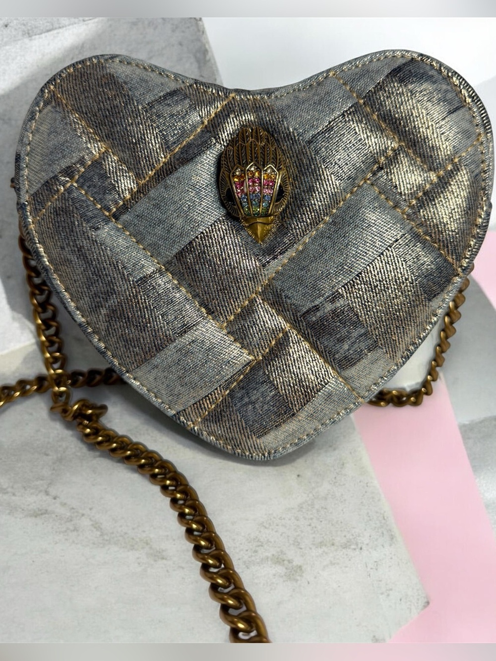 Kurt Geiger Metallic Silver Heart Mini Crossbody with Gold Chain